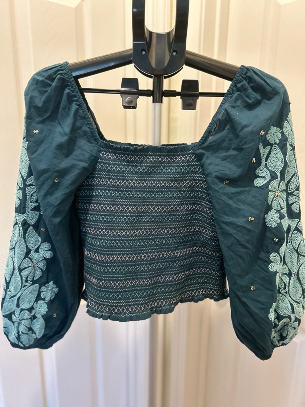 Anthropologie Teal Puff-Sleeve Embroidered Crop Top